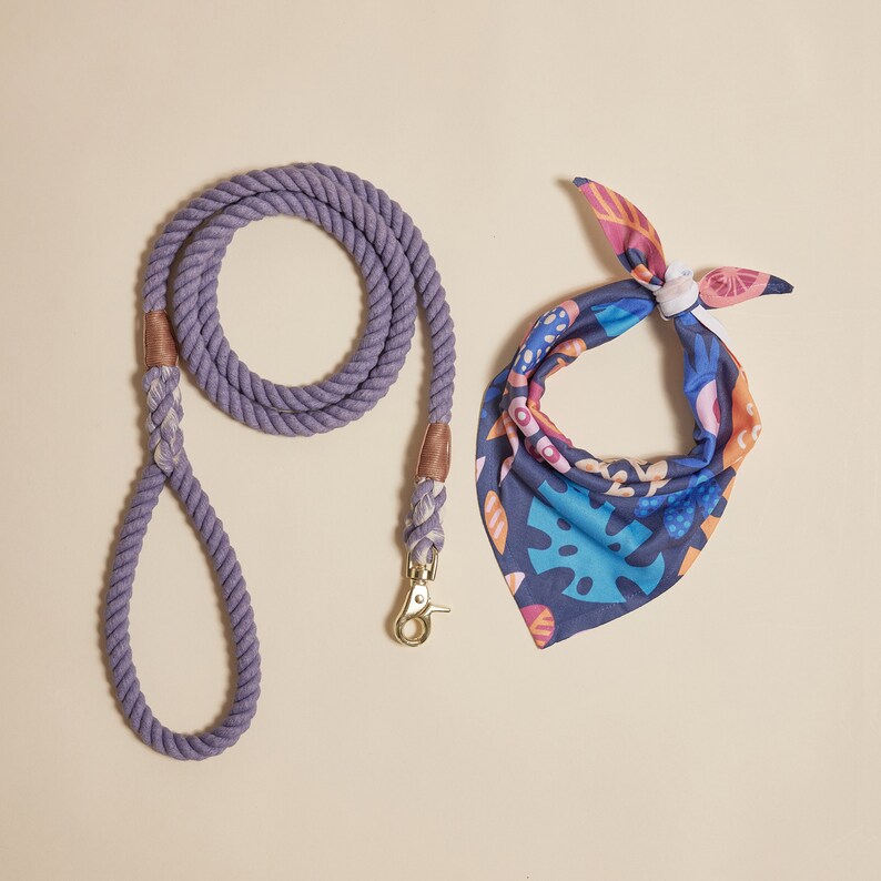 May include: A purple rope dog leash with a gold clasp and a blue and orange bandana with a floral pattern.
