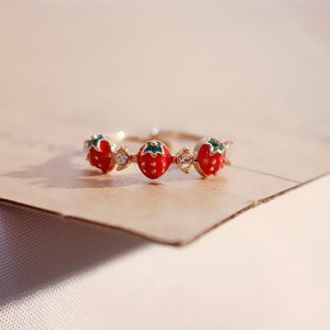 Cute Strawberry Gold Ring Resizable Diamonds