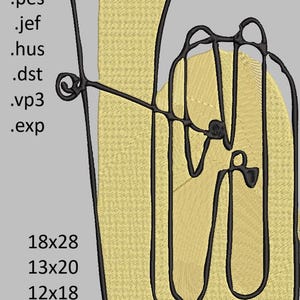 May include: A digital embroidery design of a tuba in yellow with black outlines. The image includes file type extensions and size dimensions in inches: 18x28, 13x20, 12x18, and 7x10.