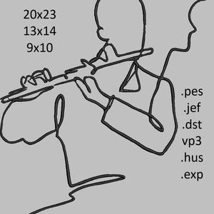 Könnte beinhalten: Eine minimalistische Strichzeichnung einer Person, die Flöte spielt, mit einer zweiten Profilsilhouette. Das Bild enthält die Maße 20x23, 13x14 und 9x10 sowie die Dateierweiterungen .pes, .jef, .dst, vp3, .hus und .exp. Das Kunstwerk ist in Schwarz auf grauem Hintergrund.