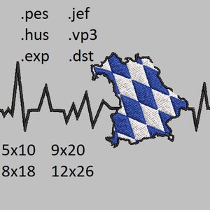 May include: A black and white heartbeat graphic with a blue and white checkered outline of the state of Bavaria. The text .pes, .jef, .hus, .vp3, .exp, and .dst are above the graphic. The text 5x10, 9x20, 8x18, and 12x26 are below the graphic.