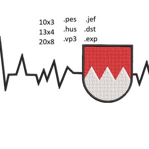 Könnte beinhalten: Eine schwarz-weiße Herzschlaggrafik mit einem rot-weißen Schild mit einem Bergdesign. Der Text "10x3 .pes .jef 13x4 .hus .dst 20x8 .vp3 .exp" befindet sich über dem Schild.