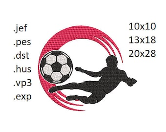 Puede incluir: Una silueta negra de un jugador de fútbol pateando un balón de fútbol. El jugador está en el aire, con el balón delante de él. El fondo es un círculo rojo con un contorno blanco.