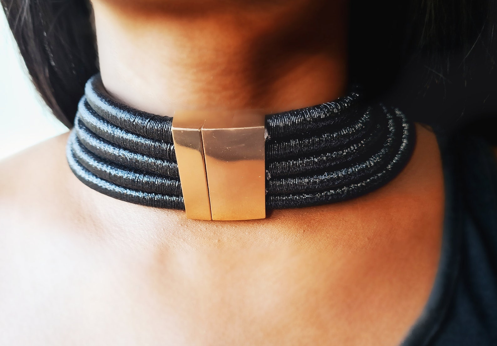 Statement Multilayer Rope Choker Necklace Black Etsy