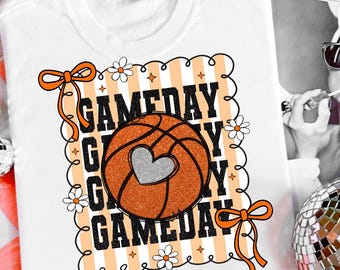 Coquette-basketbal png, preppy basketbalstrik png, wedstrijddag png, glitter basketbalshirtontwerp, bloemen basketbal moedersublimatie