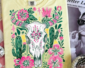 Western Floral Cow Skull PNG, Boho Cowgirl Shirt Design, Floral Western Wildflower Sublimation, Southwestern Digital, Preppy Cowgirl Cactus