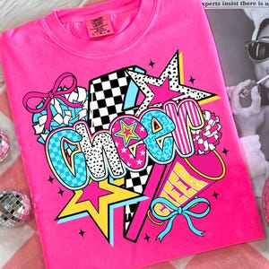 Cheer Png, Preppy Cheer Mom Shirt Sublimation, Cheerleader Coquette Png, Colorful Checker Bow Pom Pom Png, Cheer Season Png, Team Spirit Png