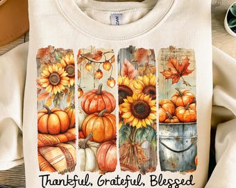 Thankful Grateful Blessed PNG Png, Floral Fall Pumpkin Png, Vintage Fall Brushstroke Png, Cozy Autumn Shirt Design, Thanksgiving Sublimation