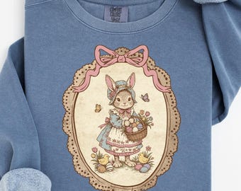 Floral Coquette Easter Bunny Png, Vintage Thrifted Grandma Core Shirt Design, CottageCore Oval Frame Spring Sublimation, Trendy Easter Bow