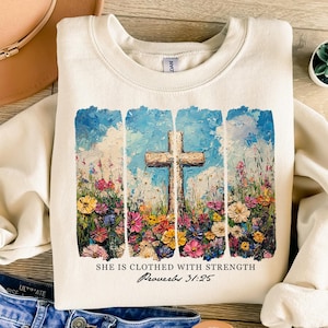 She is Clothed with Strength PNG, Wildflower Christian Png, Bible Verse Png, Brushstroke Png, Christian Boho Png, Jesus, Faith, God, Mama