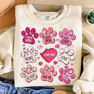 Dog Valentine Png, Dog Mom Png, Valentine&#39;s Day Png, Dog Paw Print Heart Png, Valentine Shirt Design, Dog Lover Gift, Candy Hearts Png