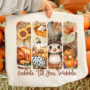 May include: A cream-colored Thanksgiving-themed pillowcase featuring a turkey, sunflowers, pumpkin pie, pumpkins, a cornucopia, and a cute owl wearing a witch hat. The text "Gobble 'Til You Wobble" is printed in brown.