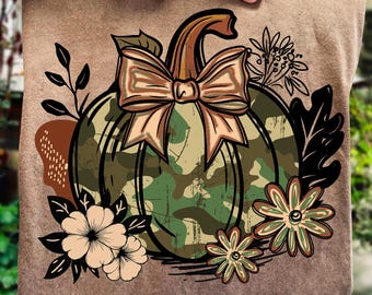 Camo Pumpkin Coquette png, bloemen herfst png, preppy pompoen png, herfst pompoenstrik png, vintage herfst shirtontwerp, boho pompoen png