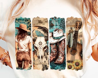 Western Cowgirl png, Cowboystövlar png, Koavtryck png, Western Turkos png, Solros png, Lantlig penseldrag png, Trendig Western png