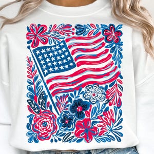 Blommig amerikansk flagga PNG, patriotisk sublimeringsdesign för den 4 juli, rödvit och blå boho-blommorgrafik, självständighetsdagen-skjorta PNG