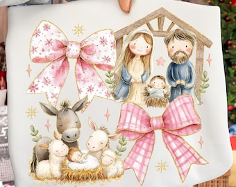 Jesus Christmas Nativity Coquette Png, Christian Christmas Png, Religious Faith Shirt Design, Preppy Jesus Manger Collage Sublimation