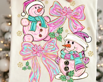 Snowman Christmas Coquette Png, Pink Glitter Christmas Brushstroke Png, Preppy Christmas Girly Png, Colorful Coquette Snowman Png