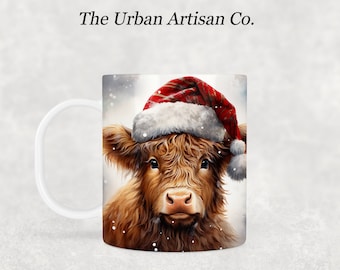 Christmas Highland Cow 11 oz Mug Sublimation Design, Instant Digital Download PNG, Holiday Mug Wrap Design