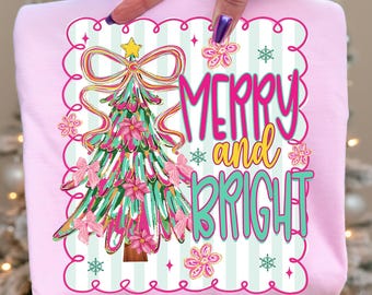 Coquette Floral joyeux et lumineux png, sapin de Noël rose coup de pinceau png, conception de chemise joyeux Noël, sublimation de vacances preppy