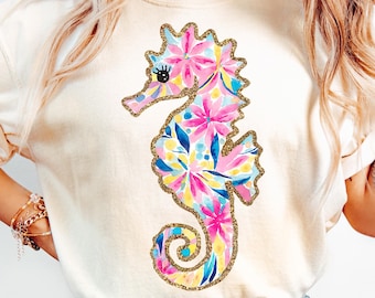 Preppy Floral Summer Seahorse PNG, Summer Vibes Png, Preppy Summer Png, Coastal Png, Glitter Summer Coquette Png, Beach Seashell Clam Png
