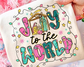 Joy to the World Png, Jesus Christmas Nativity Png, Christian Christmas Shirt Design, Pink Brushstroke Christmas Faith Sublimation