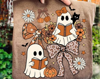 Ghost Books Halloween PNG, Floral Fall Halloween Ghost Png, Boho Pumpkin Coquette Png, Teacher Ghost Reading Books, Leopard Pumpkin Bow Png