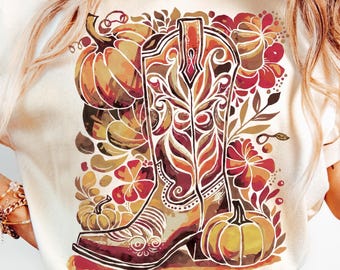 Western Fall Cowboy Boot PNG, Boho Cowgirl Autumn Sublimation Design, Floral Fall Pumpkin Png, Howdy Pumpkin Png, Cowgirl Fall Shirt Design