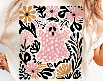 Boho Ghost PNG, Różowy Lampart Halloween Sublimacja, Kwiatowy Wzór Koszulki z Upiornym Sezonem, Uroczy Pastelowy Grafika Duchów, Pobierz Preppy Jesień