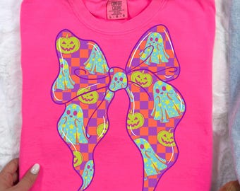 Halloween Neon Ghost Coquette Png, Girly Pastel Halloween Pumpkin Png, Cute Pink Ghost Bow Sublimation, Checkered Spooky Season Png