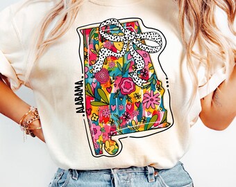Floral Coquette Alabama Png, State Png, Alabama Brushstroke Png, Girly State Shirt Design, Alabama Coquette Bow Png, Trendy Alabama Png