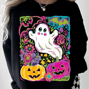 Floral Ghost Halloween Neon Png, Cute Boo Ghost Coquette Png, Girly Spooky Season Png, Preppy Halloween Shirt Design, Retro Pumpkin Png