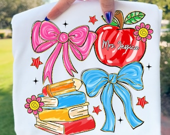Teacher Coquette Png, Custom Teacher Name Shirt Design, Brushstroke Teach Sublimation, Teacher Pencil Bow Png, Teacher Appreciation