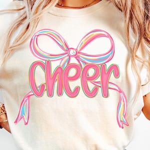 Cheer png, roze cheer seizoen shirt sublimatie, preppy cheerleader coquette boog ontwerp, cheer competitie teamgeest png, cheer mama png