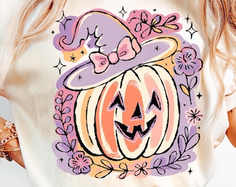 Halloween-Kürbis mit Blumenmuster (PNG), pinkes Kürbis-Shirt mit kokettem Motiv (Sublimation), Halloween-Jack-O'-Lantern im Preppy-Stil (PNG), niedliches Halloween-Pastellmuster (PNG)