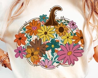 Kwiatowa dynia Png, Boho Jesienna koszulka z dyni, Sublimacja retro jesiennych kwiatów, Preppy Jesienne pociągnięcia pędzlem Png, Sezon dyni Png