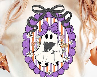 Girly Ghost Cat PNG, Preppy Spooky Season Png, Floral Halloween Shirt Design, Cute Boo Ghost Coquette Png, Funny Halloween Trendy Png