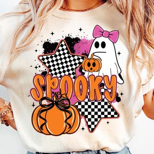 Spooky Halloween Ghost Png, Cute Checkered Ghost Coquette Png, Preppy Spooky Season Png, Girly Pumpkin Sublimation, Pink Halloween Shirt Png