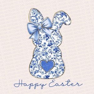 May include: Blue and white floral patterned Easter bunny with a blue bow and a blue heart. The text "Happy Easter" is written below the bunny.