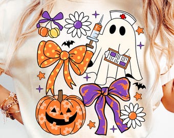 Nurse Halloween Coquette Png, Cute Spooky Nurse Shirt Design, Funny Ghost Nurse Png, Preppy Halloween Nurse Png, ER Nurse Sublimation