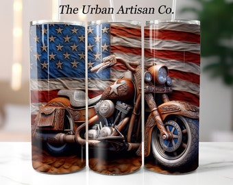 3D Motorcycle American Flag 20 oz Skinny Tumbler Sublimation Design, Instant Digital Download PNG, Straight Tumbler Wrap