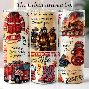 Könnte beinhalten: Ein rotes und weißes Feuerwehrauto mit einem Feuerwehrhelm, Stiefeln und einem Feuerwehrschlauch. Der Text "Firefighter Life" befindet sich in der Mitte des Bildes. Der Text "Dedication, Hero, Safety, Service, Rescue, Courage under fire, Bravery" befindet sich um das Bild herum.