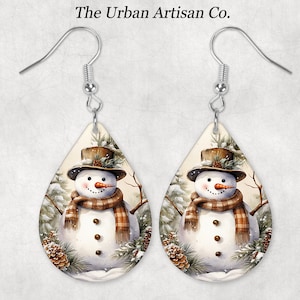 Winter Snowman Teardrop Earring Sublimation Design, Instant Digital Download PNG, Drop Earring Design