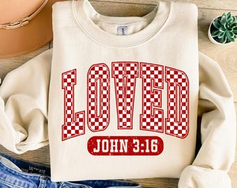 Christian Valentines Png, Loved John 3:16 Png, Retro Valentine Png, Valentines Day Png, Bible Verse Png, XOXO Png, Checkered Varsity Png