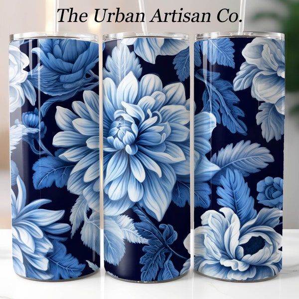 Blue Floral 20 oz Skinny Tumbler Wrap, Sublimation Design, Instant Digital Download PNG,  Damask Flower Pattern Tumbler Png