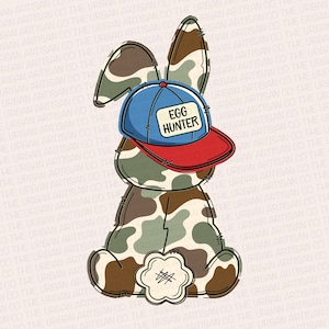 May include: A cartoon bunny wearing a blue and red baseball cap with the words "Egg Hunter" on it. The bunny is sitting down and has a camouflage pattern.