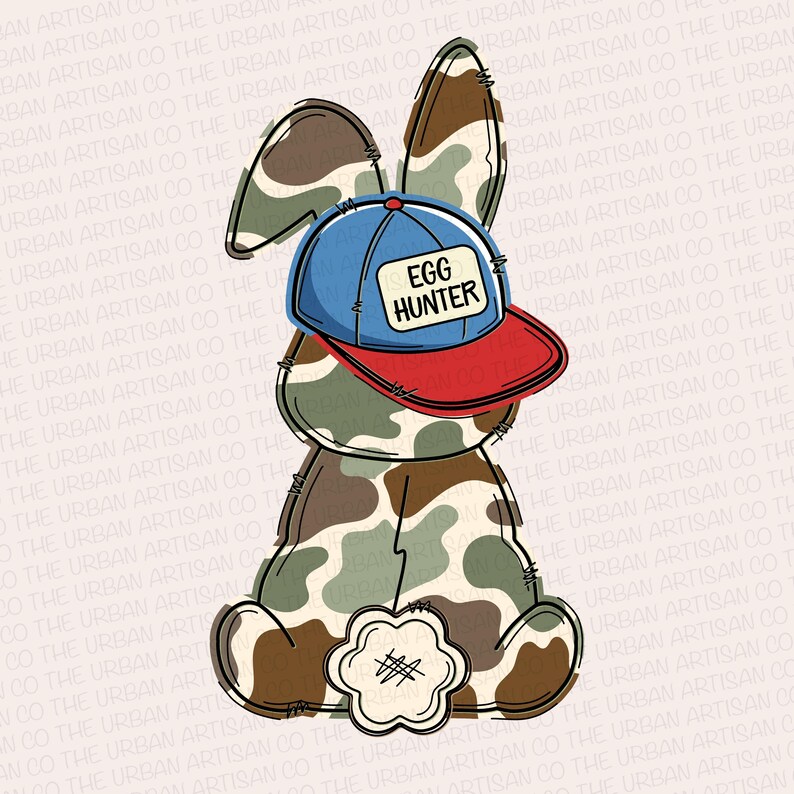 May include: A cartoon bunny wearing a blue and red baseball cap with the words "Egg Hunter" on it. The bunny is sitting down and has a camouflage pattern.