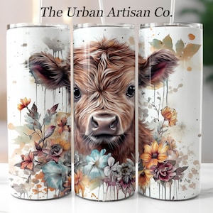 Baby Highland Cow Floral 20 oz Tumbler Wrap, Digital Download PNG, Sublimination Design