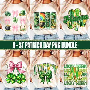 May include: A set of six digital designs featuring St. Patrick's Day themed graphics. The designs include shamrocks, bows, gold coins, a pot of gold, a horseshoe, a leprechaun hat, a rainbow, a Celtic cross, and the words "Lucky" and "Mama".
