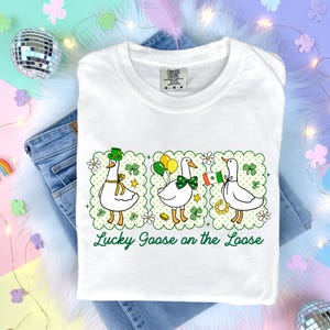 Peut inclure: T-shirt blanc avec un motif de trois oies de dessin anim&eacute;, chacune orn&eacute;e d'accessoires festifs. L'une porte un chapeau vert, une autre tient des ballons et la troisi&egrave;me a un drapeau mexicain. Le texte "Lucky Goose on the Loose" est imprim&eacute; en dessous.