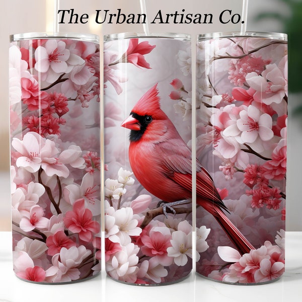 3D Red Cardinal Bird Flowers 20 oz Skinny Tumbler Sublimation Design, Instant Digital Download PNG,  Straight Tumbler Wrap